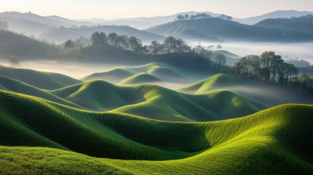 Discover a serene landscape featuring rolling green hills enveloped in morning mist, creating a tranquil atmosphere perfect for nature lovers and dreamers alike.の素材
