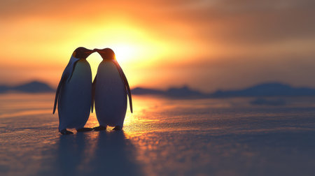 Two penguins share a tender moment at sunset in a breathtaking arctic setting, showcasing love and connection against a stunning sky backdrop. Perfect for nature lovers.の素材