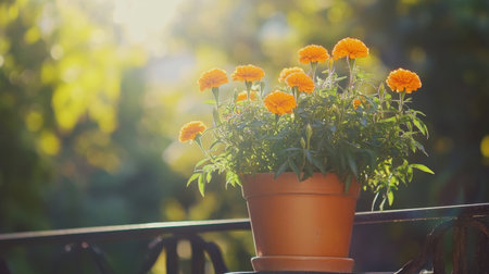 This image captures vibrant orange marigold flowers in a terracotta pot, basking in warm sunlight with a soft-focus green background, perfect for gardening themes.の素材