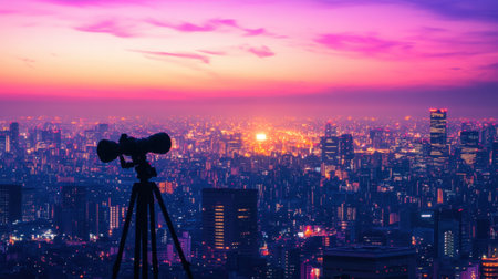 Captivating view of a bustling metropolis at twilight with vibrant sunset colors, framed by a professional camera on a tripod ready for stunning photography.の素材