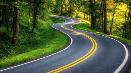A beautiful winding road cuts through a vibrant green forest, with sunlight filtering through the trees, creating a serene and inviting atmosphere perfect for travel and exploration.の素材