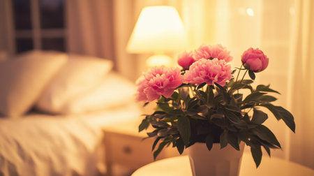 A stunning arrangement of pink peonies in a white pot sits elegantly on a table, creating a warm and inviting atmosphere in a cozy bedroom setting.の素材