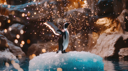 A splendid scene of a penguin gracefully spreading its wings on an iceberg, illuminated by sparkling light reflections in a serene water setting.の素材