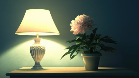 A serene indoor setting featuring a graceful lamp casting soft light next to a blooming flower in a pot, creating a tranquil and cozy ambiance for relaxation.の素材