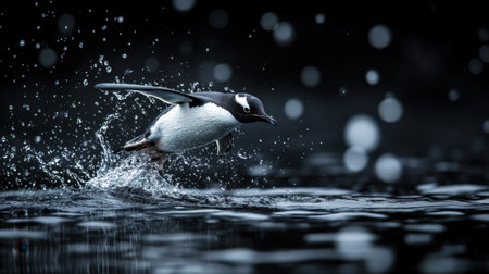 A striking image of a penguin captured mid-leap through water, surrounded by soft splashes and droplets. The dark background enhances the scene's dramatic beauty and movement.の素材