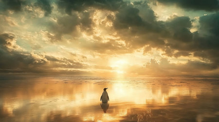 A solitary penguin stands on the tranquil shoreline at sunset, surrounded by vivid colors and dramatic clouds, creating a serene moment in nature's beauty.の素材