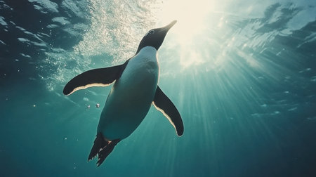 A stunning underwater scene showcasing a penguin gracefully swimming beneath radiant sunlight, epitomizing the beauty and tranquility of ocean life.の素材
