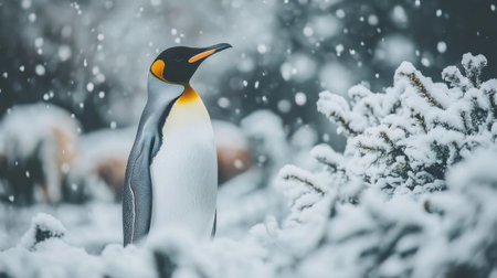 A solitary emperor penguin stands elegantly in a snowy environment, surrounded by gentle snowfall and a pristine white landscape, embodying winter's serene beauty.の素材