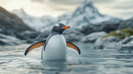 A charming penguin stands in calm water, showcasing its orange beak and flippers. The stunning mountain scenery creates a serene backdrop for this wildlife moment.の素材