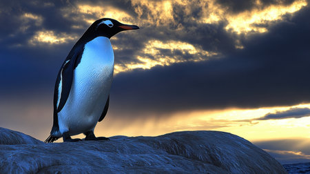 A solitary penguin stands proudly on a rocky surface, silhouetted against a breathtaking sunset sky adorned with dramatic clouds, showcasing the beauty of wildlife.の素材