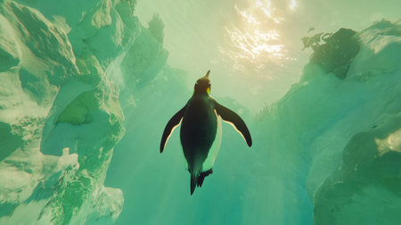 A captivating underwater scene featuring a penguin swimming gracefully amidst icebergs, illuminated by sunlight, showcasing the beauty of marine life and nature's tranquility.の素材