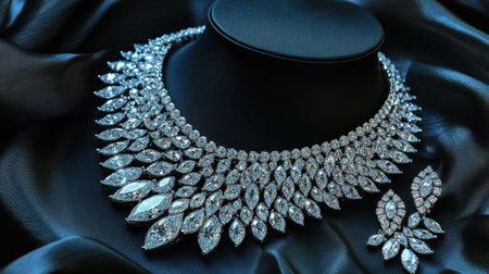 Stunning jewelry set featuring a dazzling necklace and elegant earrings, displayed on luxurious black satin, perfect for showcasing exquisite craftsmanship and style.の素材