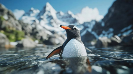 A stunning penguin emerges from clear waters, surrounded by majestic snow-capped mountains. This image captures the serene beauty of wildlife in its natural habitat.の素材