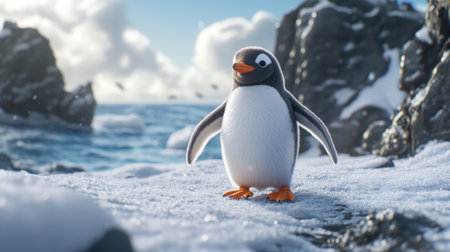 A charming penguin stands on a snowy rocky shore, surrounded by a stunning ocean backdrop. The bright sky enhances the serene and peaceful atmosphere of the scene.の素材