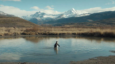 A tranquil scene featuring a penguin swimming in a calm pond, with striking snow-capped mountains and grassy fields in the background under a clear blue sky.の素材