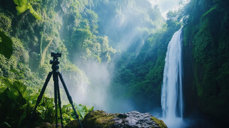 A tranquil waterfall cascades amidst vibrant greenery, with a camera on tripod ready to capture the stunning natural beauty of this serene landscape.の素材