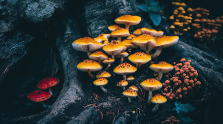 A stunning display of vibrant mushrooms emerging from dark roots captures the beauty of nature's colorful fungi, evoking a sense of serenity in the forest ecosystem.の素材