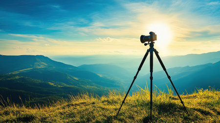 A picturesque scene of a camera tripod framed against majestic mountains at sunrise, capturing the vibrant colors of the sky and the beauty of nature.の素材