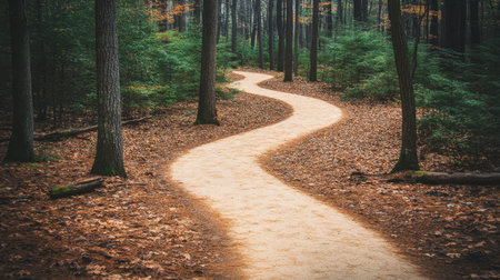 A beautiful winding path meanders through a serene forest, surrounded by lush greenery and colorful autumn leaves, inviting exploration and peaceful walks.の素材