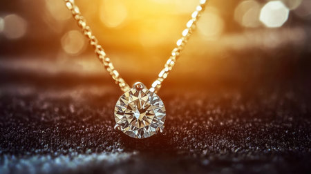 A captivating close-up of a shimmering diamond pendant necklace, featuring a radiant gem on a delicate gold chain, set against a beautifully blurred warm background.の素材