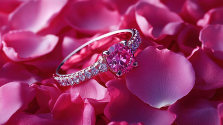 A stunning pink gemstone ring is elegantly placed on soft rose petals, embodying a luxurious and romantic vibe suitable for weddings or special occasions.の素材