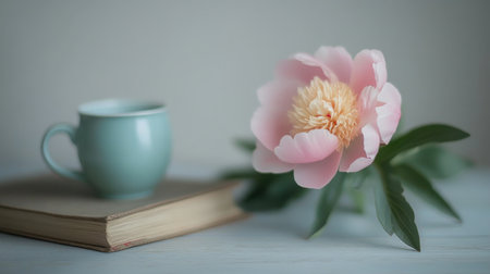 A delicate pink peony flower is elegantly placed next to a pastel cup and an open book, creating a serene atmosphere perfect for moments of relaxation and inspiration.の素材