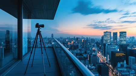 Captivating urban sunset view from a high-rise rooftop featuring a camera on a tripod. A perfect scene for photographers looking to capture city life and beauty.の素材