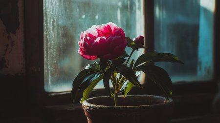 A stunning peony flower in a rustic pot is illuminated by soft sunlight, creating a cozy atmosphere. Ideal for nature lovers and interior decor inspiration.の素材