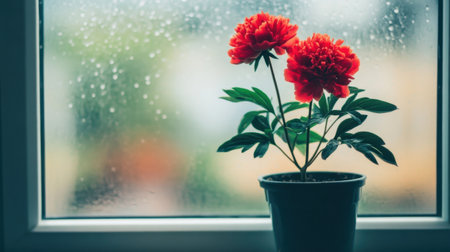 A stunning display of red peony flowers in a pot, set against a rain-speckled window. This image captures the essence of tranquility and natural beauty in an indoor space.の素材