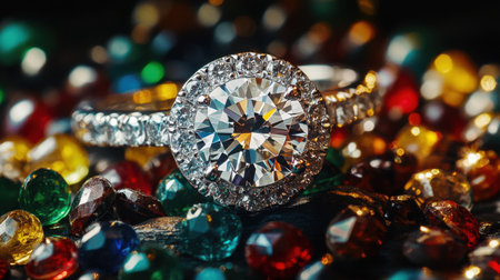 This stunning image showcases a sparkling diamond ring placed among vibrant gemstones, perfect for conveying luxury and elegance in jewelry-related projects.の素材