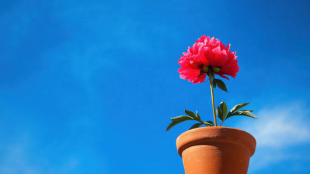 A stunning pink flower rises from a terracotta pot against a bright blue sky, encapsulating the joy of nature and the vibrancy of spring in a simple yet elegant scene.の素材