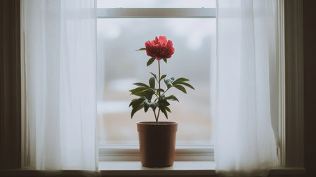 A striking flower in a pot rests on a sunlit window sill, framed by delicate sheer curtains. This serene indoor scene brings a touch of nature and tranquility to any space.の素材