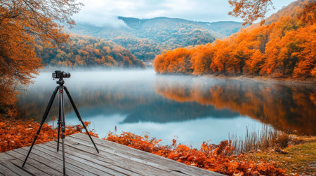 A captivating autumn scene showcases a camera on a tripod near a tranquil lake, surrounded by colorful trees and morning mist, perfect for photographers and nature lovers.の素材