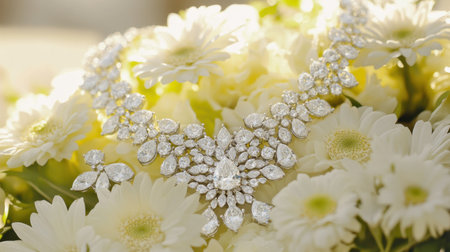 This stunning silver necklace adorned with sparkling diamonds rests gracefully on a bed of white daisies, creating a beautiful and elegant display perfect for bridal occasions.の素材