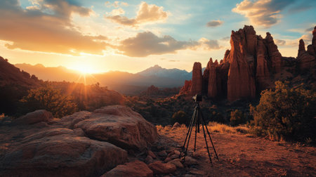 A beautiful sunset landscape featuring mountains and rocks, with a tripod set up for photography. Experience the tranquility of nature and stunning colors.の素材