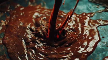 A captivating close-up of rich and velvety chocolate being poured, creating a luscious pool. Perfect for showcasing desserts or inspiring culinary creativity.の素材