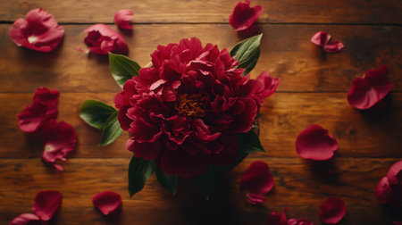 This captivating image features a vibrant red peony flower atop a rustic wooden surface, scattered petals enhance the aesthetic. Perfect for floral designs or decor themes.の素材