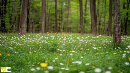 A picturesque woodland scene featuring lush green grass and vibrant wildflowers, with sunlight gently streaming through towering trees, creating a serene atmosphere.の素材