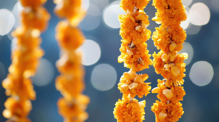 This image features stunning marigold flower garlands suspended against a dreamy bokeh background, illuminating the beauty and colors of nature's creations in bright light.の素材