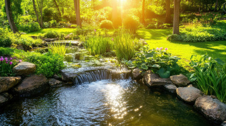 A peaceful garden scene featuring a gently flowing pond surrounded by rocks and vibrant greenery, illuminated by warm sunlight, creating a tranquil atmosphere for relaxation.の素材
