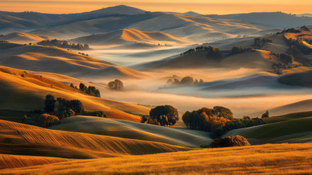 A breathtaking landscape showcasing rolling hills bathed in the warm glow of sunrise, surrounded by foggy valleys and tranquil trees, perfect for nature lovers.の素材