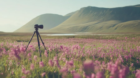A serene landscape featuring a camera on a tripod amidst a field of vibrant wildflowers, framed by majestic mountains and a calm lake, ideal for photography enthusiasts.の素材