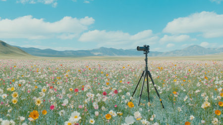 A captivating outdoor scene showcasing a field of colorful wildflowers, complemented by a camera on a tripod, inviting exploration and creativity in nature.の素材