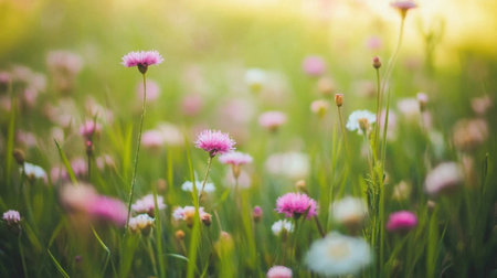 A serene field filled with colorful flowers in soft hues, illuminated by morning light. This dreamy scene evokes feelings of peace and tranquility, perfect for nature themes.の素材