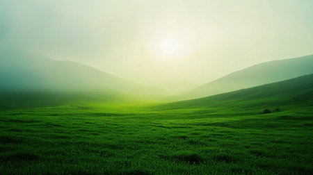 Experience the serene beauty of a misty landscape where lush green hills meet the soft dawn light, creating a tranquil and inviting natural scene.の素材