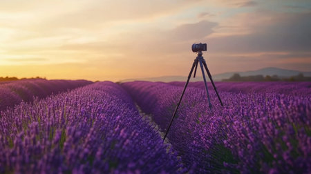 A stunning lavender field captured at sunset, showcasing a camera on a tripod. This image beautifully highlights the fields of lavender surrounded by warm colors and tranquility.の素材