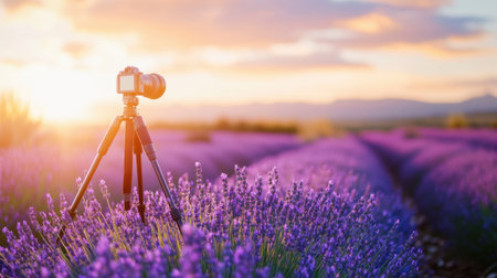 A serene scene of a camera perched on a tripod in the midst of lush lavender fields, capturing the golden hues of sunset and vibrant purple flowers in bloom.の素材