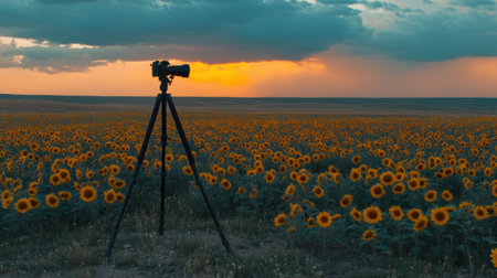A camera on a tripod stands in a vast field of sunflowers during sunset, showcasing the stunning colors of nature and evoking feelings of tranquility and inspiration.の素材
