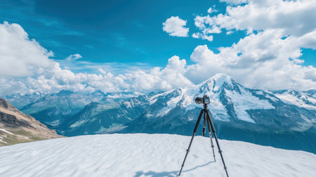 A breathtaking view of a snow-covered mountain peak captured with a camera on a tripod, surrounded by vibrant blue skies and fluffy clouds, showcasing nature's beauty.の素材