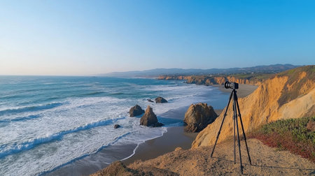 Capturing the beauty of nature, a camera tripod stands on the edge of a cliff, overlooking a serene coastline with crashing waves and golden evening light.の素材